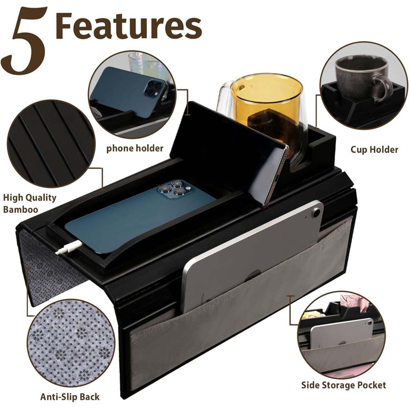 Couch Cup Holder Tray,Couch Arm Table With Side Storage Pocket,Couch Arm Tray With Anti-Slip Design, Natural Bamboo Sofa Tables For Drinks, Snacks, Cup, Remote And Phone—Black