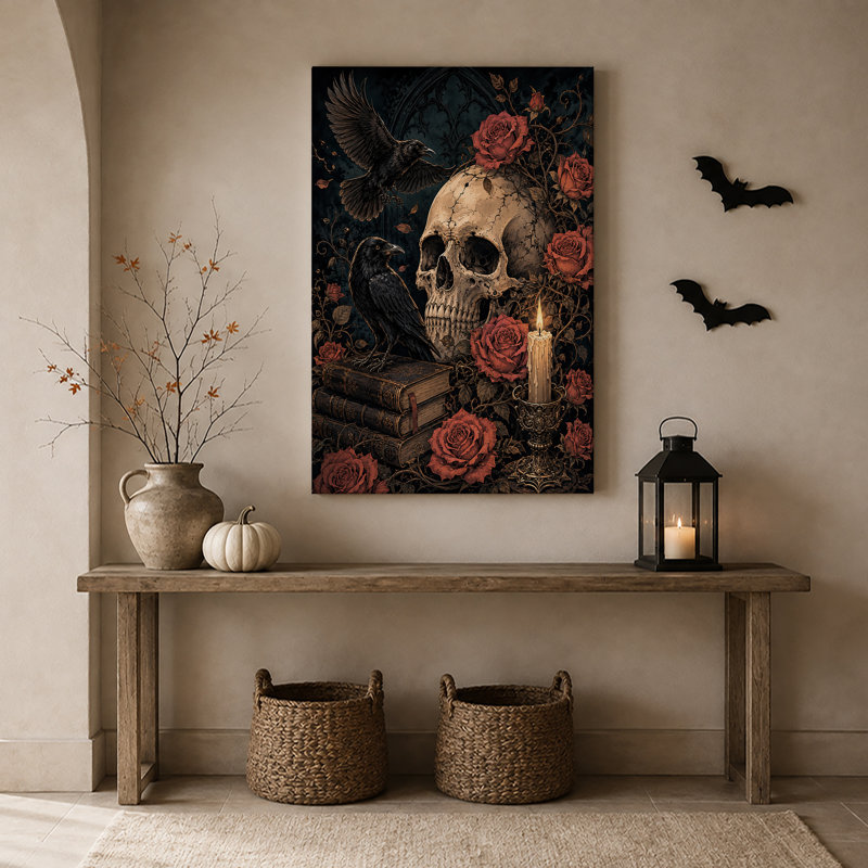 «Black Crows and Skull with Red Roses», art mural sur toile, H 18 po x l 12 po
