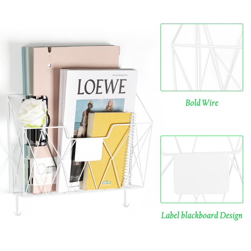 White Metal 6-Pocket Wall Mounted File Organizer with Hooks