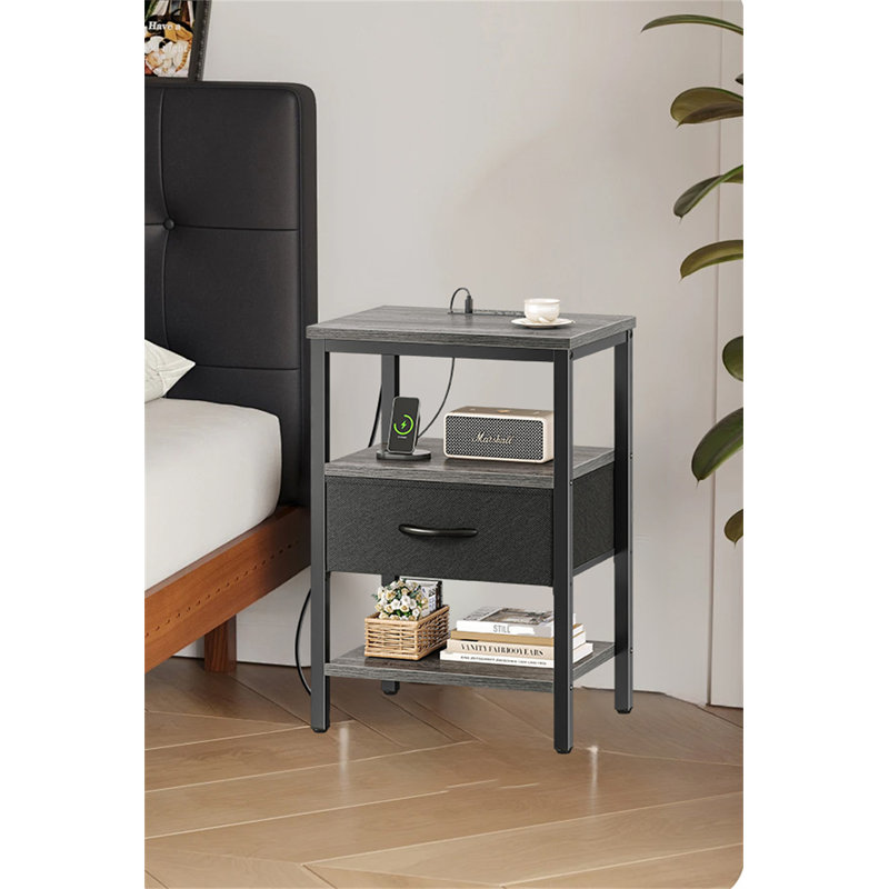 Multi-Functional Bedside Table With Charging Station & Adjustable Fabric Drawer, Black