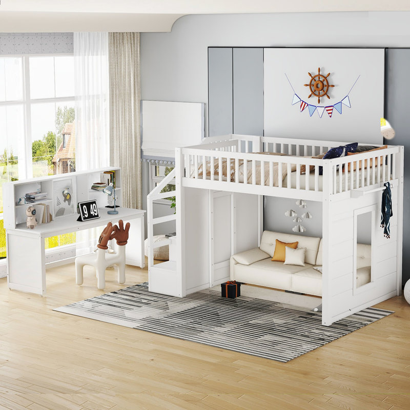 Full Solid Wood Loft Bed with Movable Desk and Shelves, Full, White