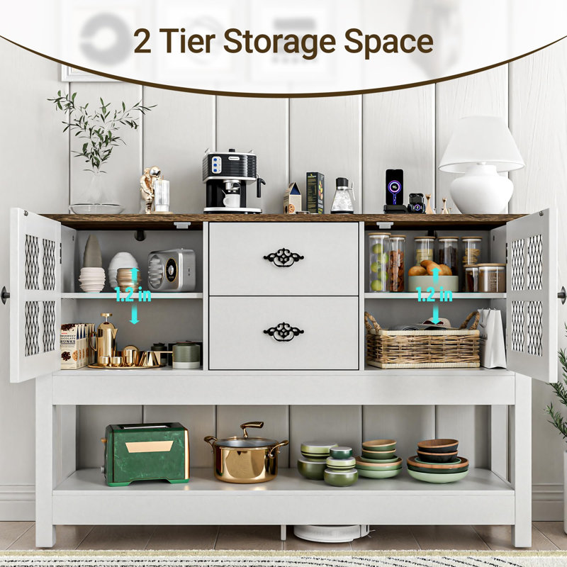 Entryway Table with 2 Drawers, 47" Farmhouse Console Tables with Charging Station, 2 Doors and Adjustable Shelf, White