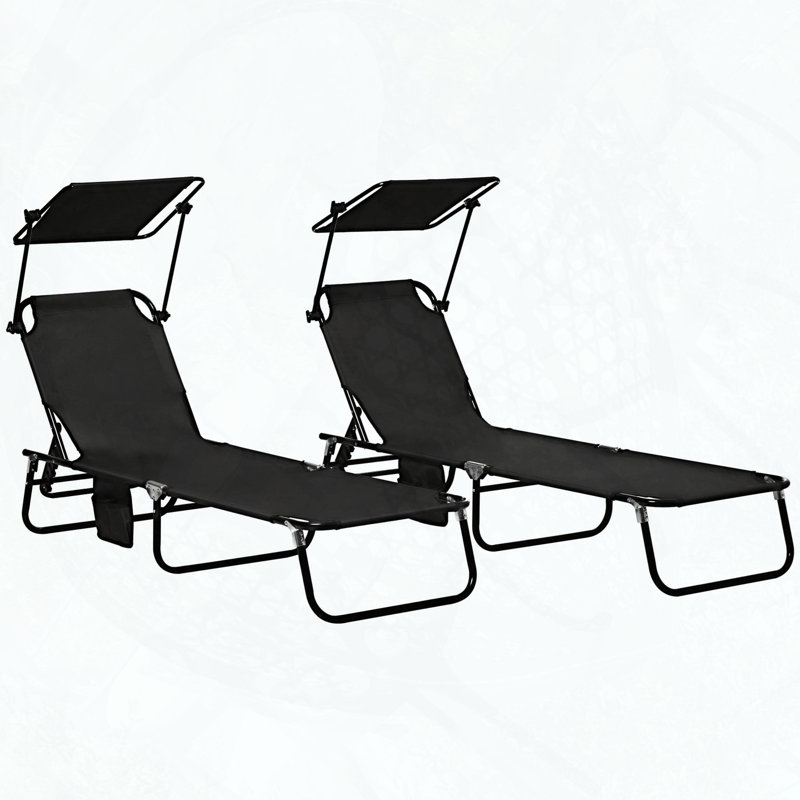 Ensemble 2 pièces de chaise longue pliante avec abat-jour et inclinable à 5 niveaux, Noir