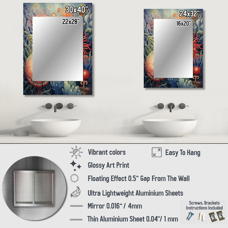 «Beautiful Deep Sea Anemones Retro Harmony IV», miroir mural unique animaux marins, art moderne imprimé, 32 po x 24 po