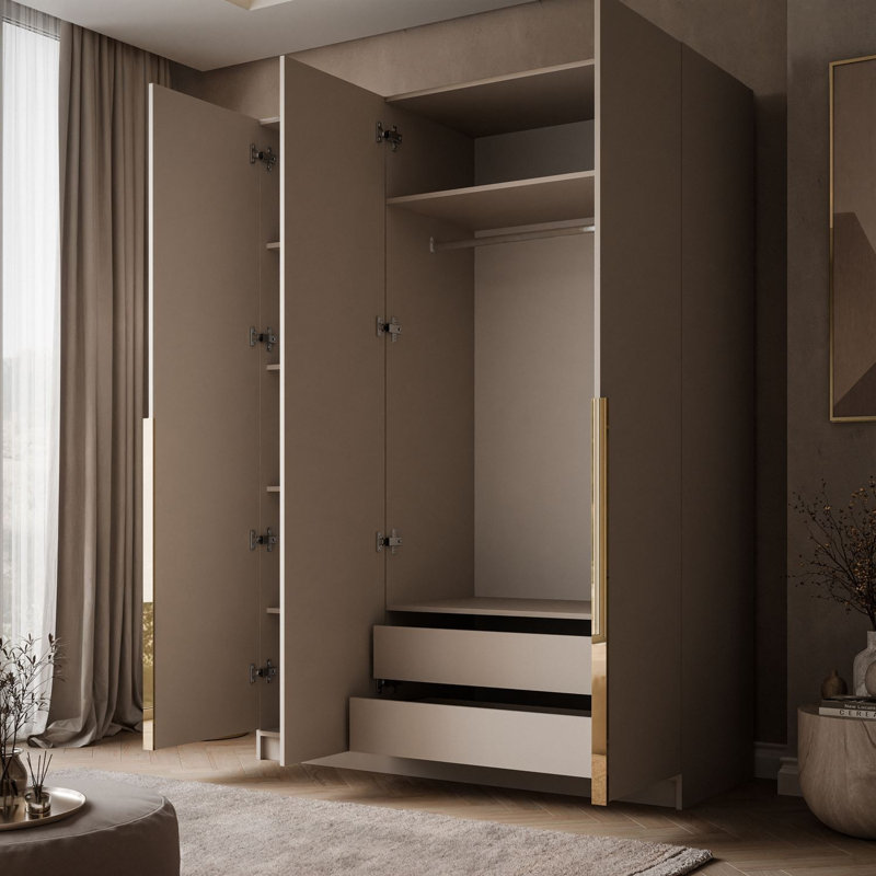 3 Door Manufactured Wood Wardrobe, gold chrome handles