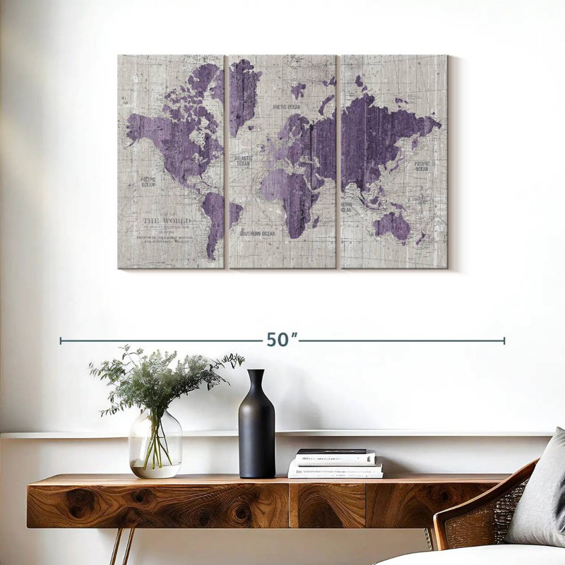 «Old World Map», impression murale sur toile mauve et grise, H 24 po x l 38 po x P 1,25 po