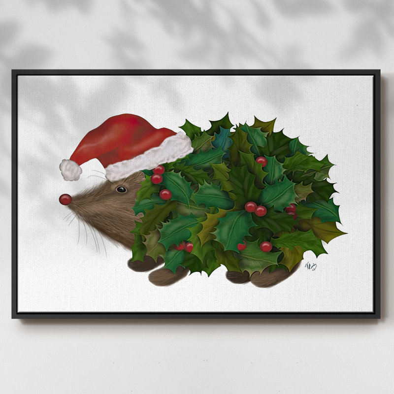 Hérisson de Noël encadré sur toile, Cadre noir, H 17 po x l 25 po x P 1,5 po