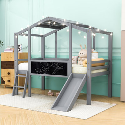 Lit mezzanine simple en bois avec bande lumineuse, glissade intégrée et tableau noir