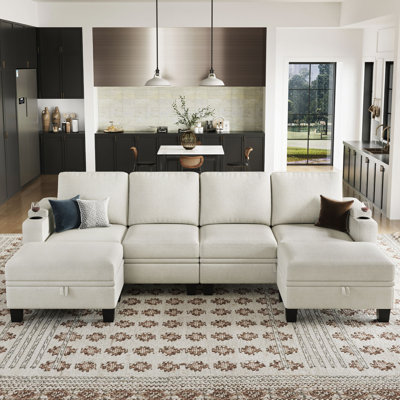 Anjana Penelopa Chenille U Shaped Sectional Modular Sofa With Storage Seats And 2 Movable Storage Ottomans For Apartment Living Room