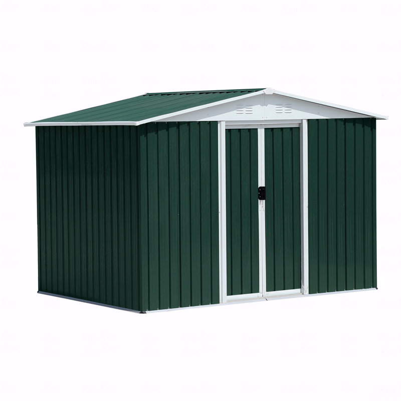 8X6 Feet Outdoor Storage Garden Shed Apex Roof Green With Aluminum Alloy Frame And Sliding Door, 72.6" H x 99.6" W x 70.4" D
