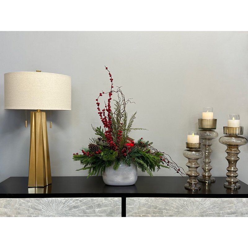 Holiday Centerpiece With Pine, Berries, Pinecones, And Decorative Bird