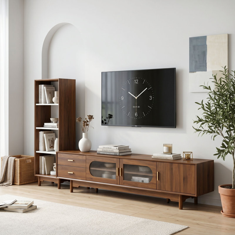 Meuble télé contemporain avec portes en verre cannelé, 2 tiroirs et trous de câbles intégrés