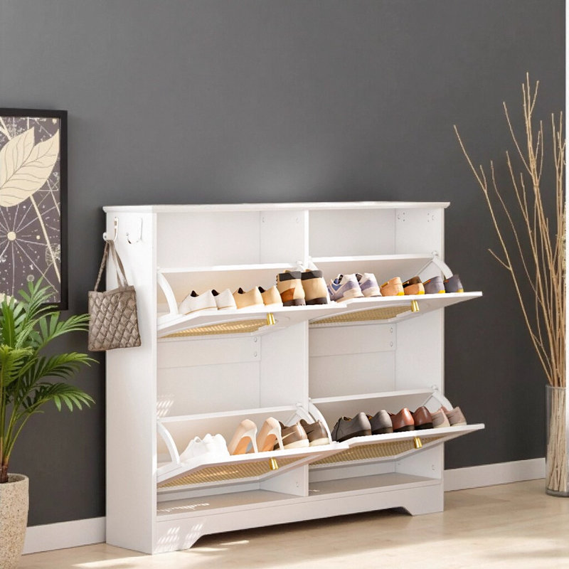 Mid-Century White Shoe Cabinet with Rattan Doors – Ventilated 4-Drawer Entryway Organizer, White