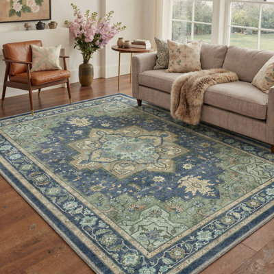 Tapis oriental performance bleu marine / sauge Roehit 5 pi x 7 pi, lavable à la machine