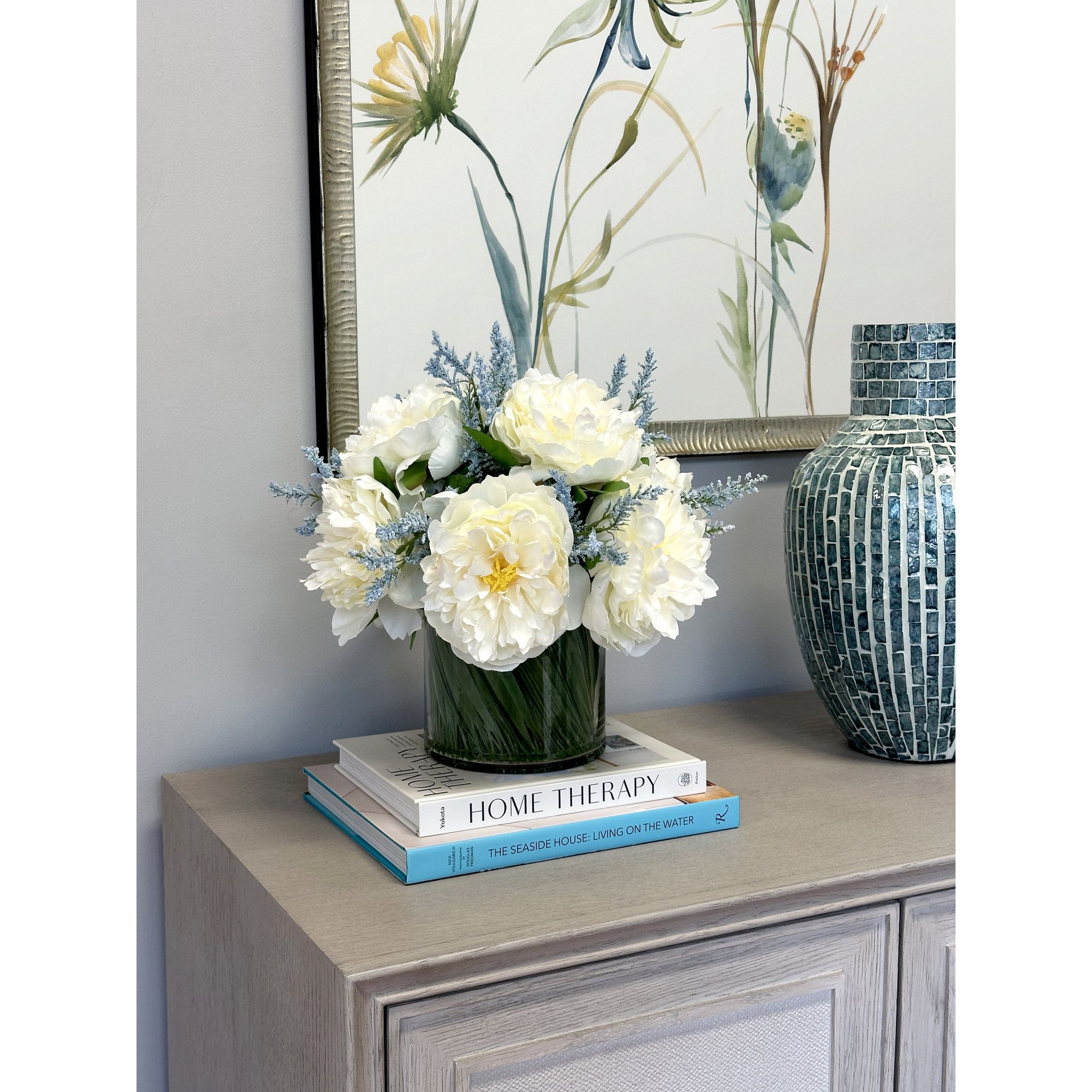 Ferdinand Peony Floral Arrangements in Vase, White/Sky Blue