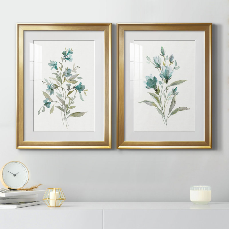 Linen Botanical III - ensemble de 2 reproductions d'art, Blanc, H 24,5 po x l 37 po x P 1,5 po, Papier encadré doré