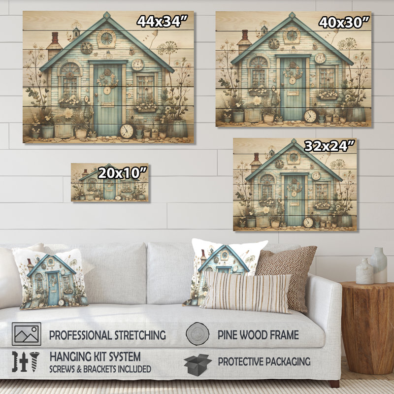«Blue Beach House Collage Tranquility», impression de paysage sur bois, H 10 po x l 20 po