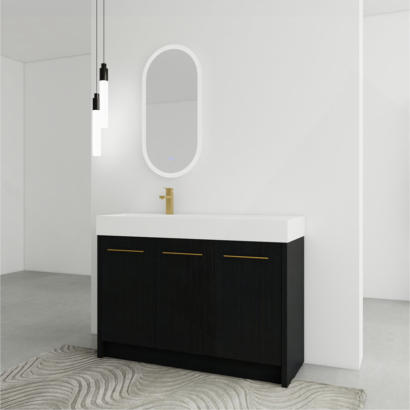 48" Freestanding Bathroom Vanity with White Resin Sink & 3 Soft-Close Cabinet Doors, Black