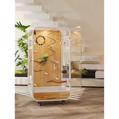 Light Luxury Indoor Wooden Wire Bird Cage, Tall Freestanding Parrot House with Pull-Out Waste Drawer & LED Light