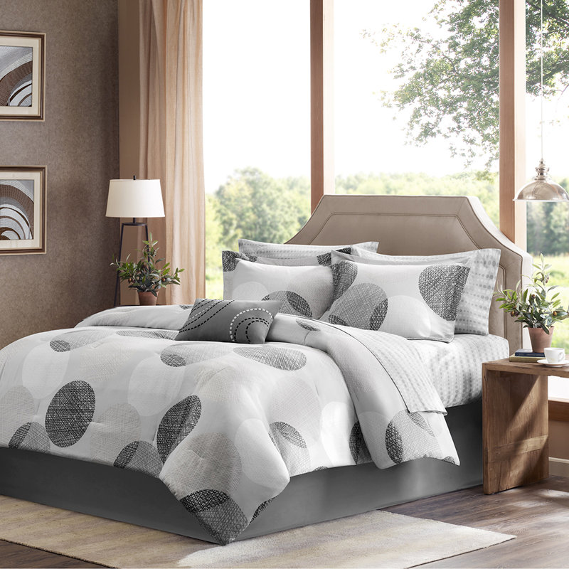 Ensemble d'édredon en coton avec draps Knowles, Édredon très grand lit californien + 8 pièces s, Gris / noir
