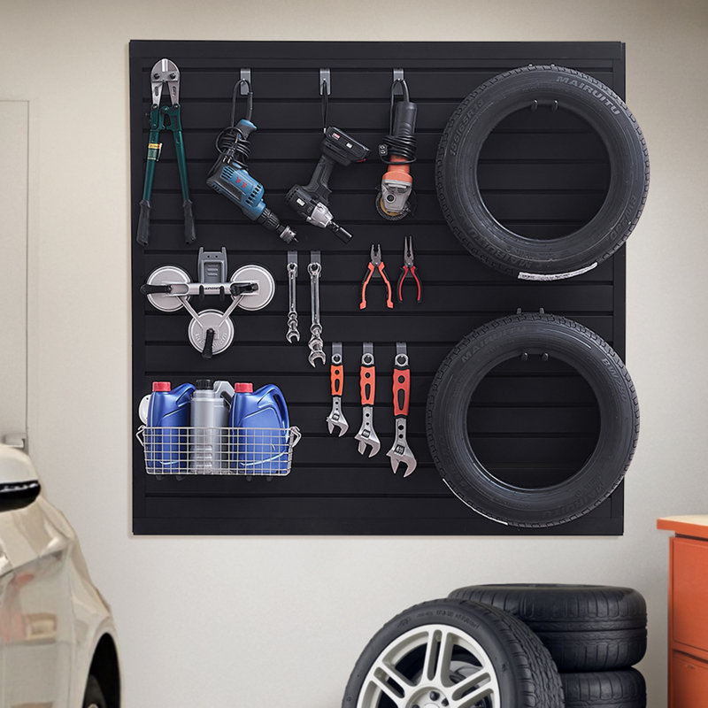 Panneau mural à lattes, 4 x 4 pi, paroi de garage en PVC avec conception modulaire, panneau de lattes noir facile à installer avec structure de couplage et découpage bricolage, convient au rangement et à la présentation