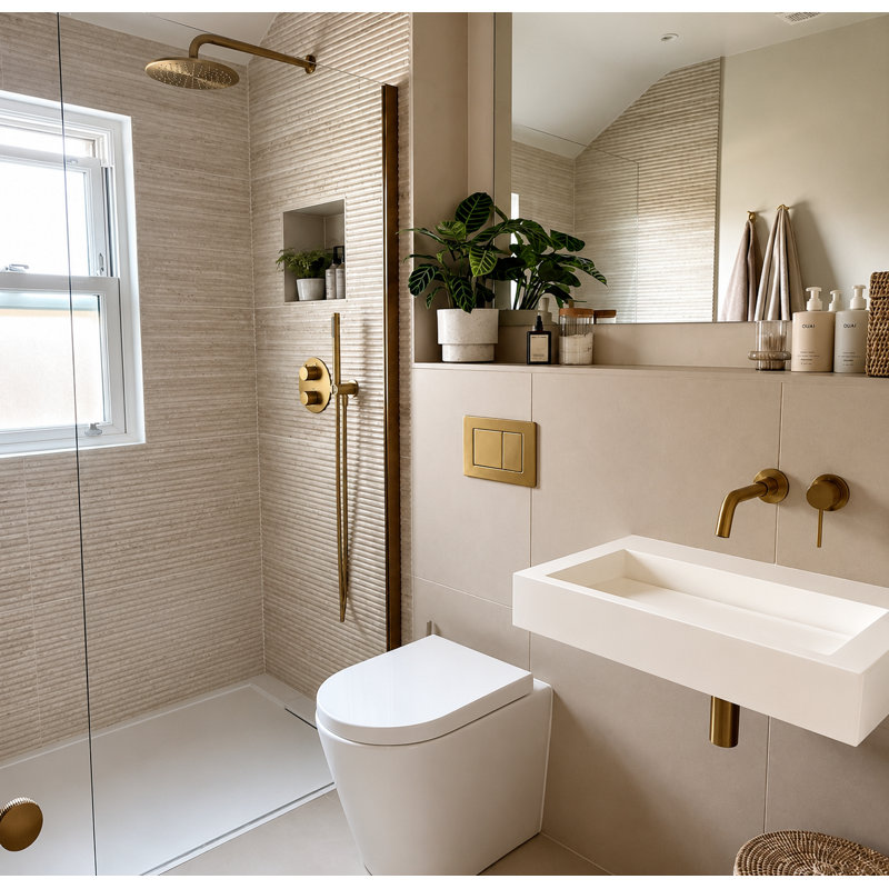 Brushed Gold Round 12" Rain Head 2 Way Function Thermostatic Shower Kit
