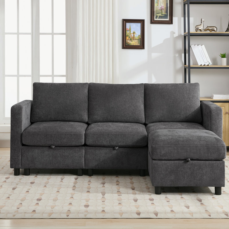 Canapé rembourré 4 pièces en L de 82,7 po avec repose-pieds convertible, rangement sous le siège, Chenille grise foncée