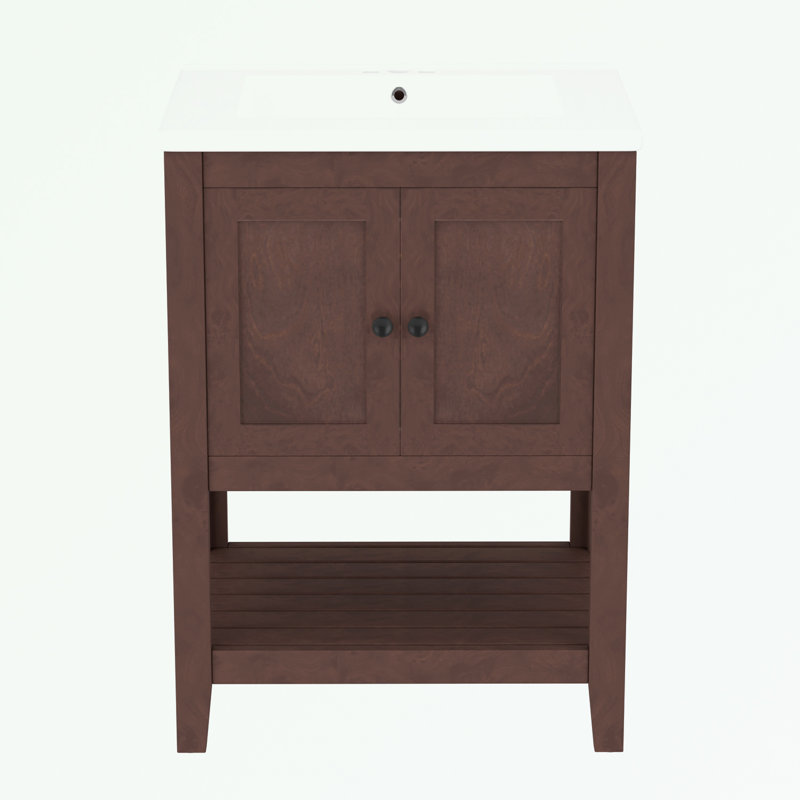 Bathroom Vanity with Ceramic Sink and Open Style Shelf, Brown