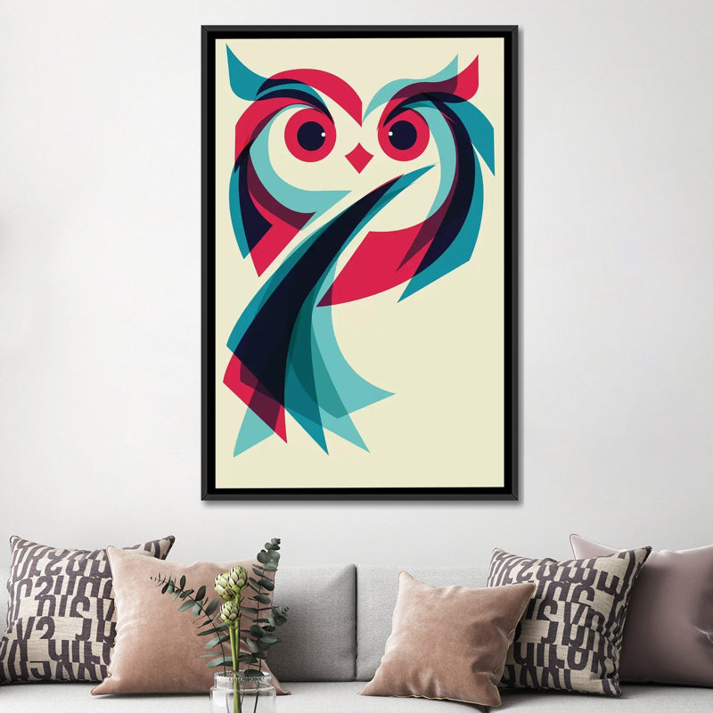 « hibou », impression sur toile tendue, H 26 po x l 18 po x P 1,5 po, Toile avec cadre noir, Pas de tapis