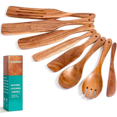 Spurtle Spatula Wooden Kitchen Utensils For Cooking, 8 Pcs Acacia Wooden Spoon Tools Set Salad Fork Cookware, Butter Knife, Slotted Spatula Set Non-Stick By HOWHONG