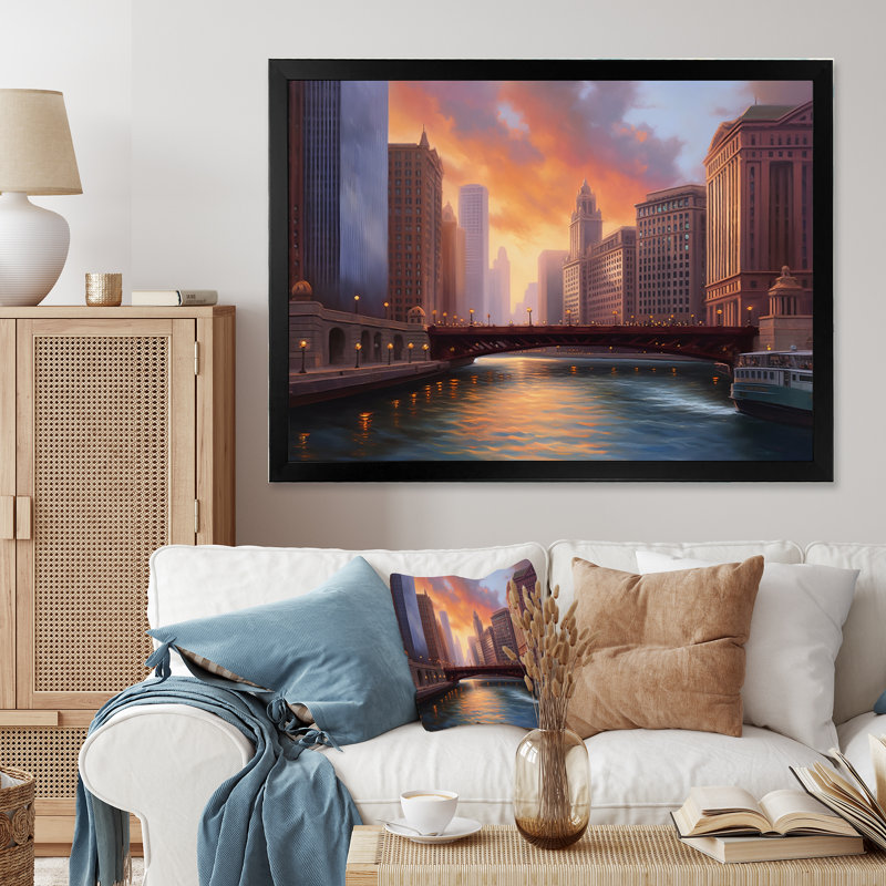 Chicago City Scene I, reproduction d'art sur toile, Cadre photo noir, H 12 po x l 20 po x P 1 po