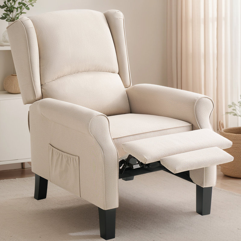 Pushback Recliner Chair, Wingback Armchair with Side Pocket, Wooden Legs, Linen, Beige