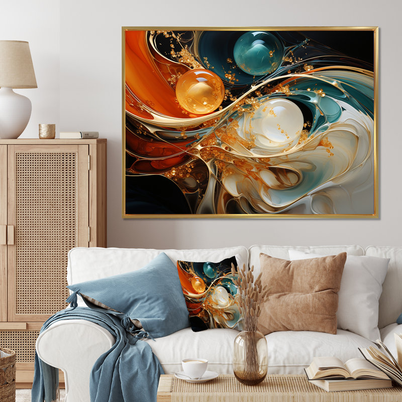 Orange et émeraude marbre marbre III - art mural abstrait, Cadre flottant doré, H 12 po x l 20 po x P 1 po