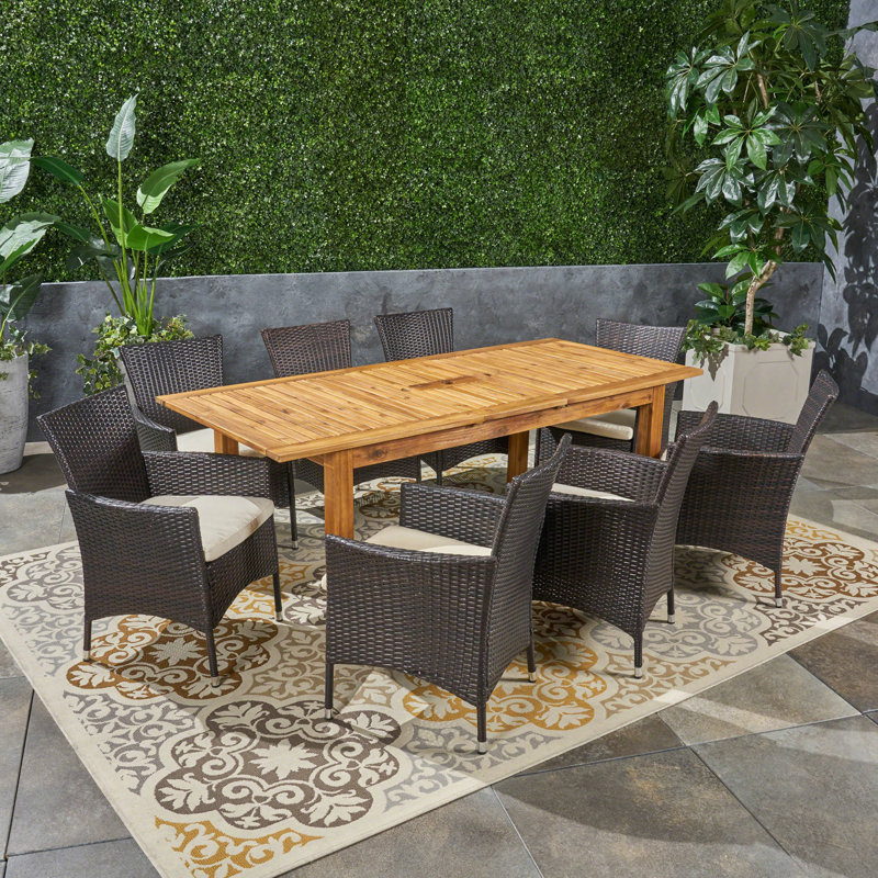 8 - Person Acacia Patio Dining Set with Extendable Rectangular Table, Sandblast Natural Stained/Multi Brown Frame / Beig