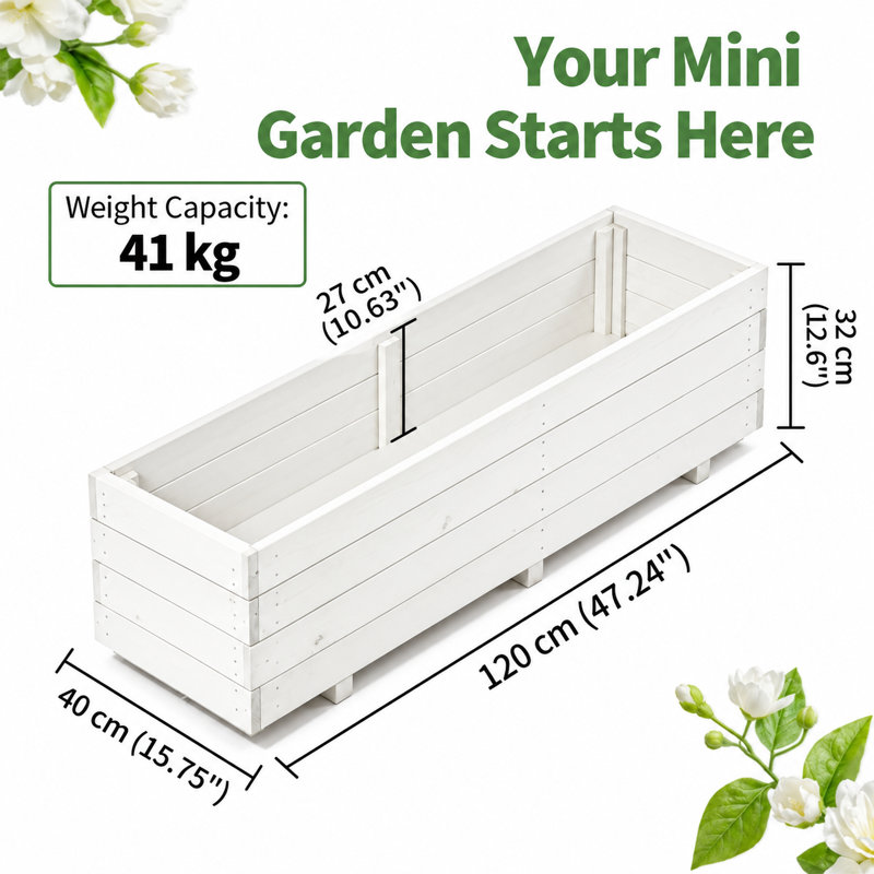 Solid Fir Rectangular Planter Box with Liner and Drainage Holes, 32cm H x 119.9cm W x 39.9cm D, White