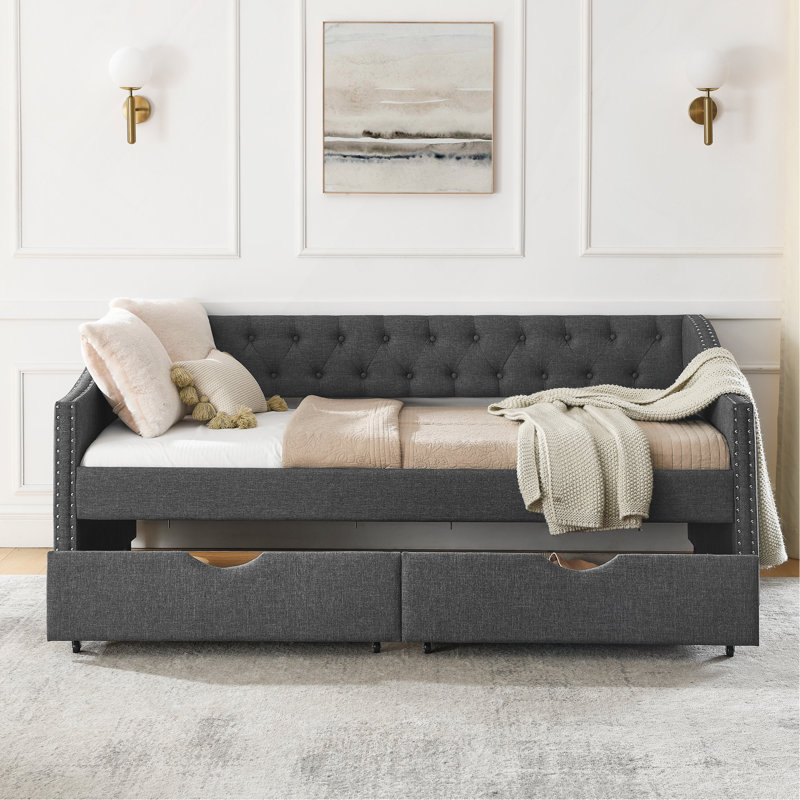 Twin Size Daybed With Drawers Upholstered Tufted Sofa Bed, With Button On Back And Copper Nail On Waved Shape Arms, Twin