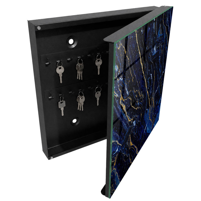 Key box for home, Opens to the right, 30x30x5, Black, Intriguing navy blue stripes with yellow streaks, 