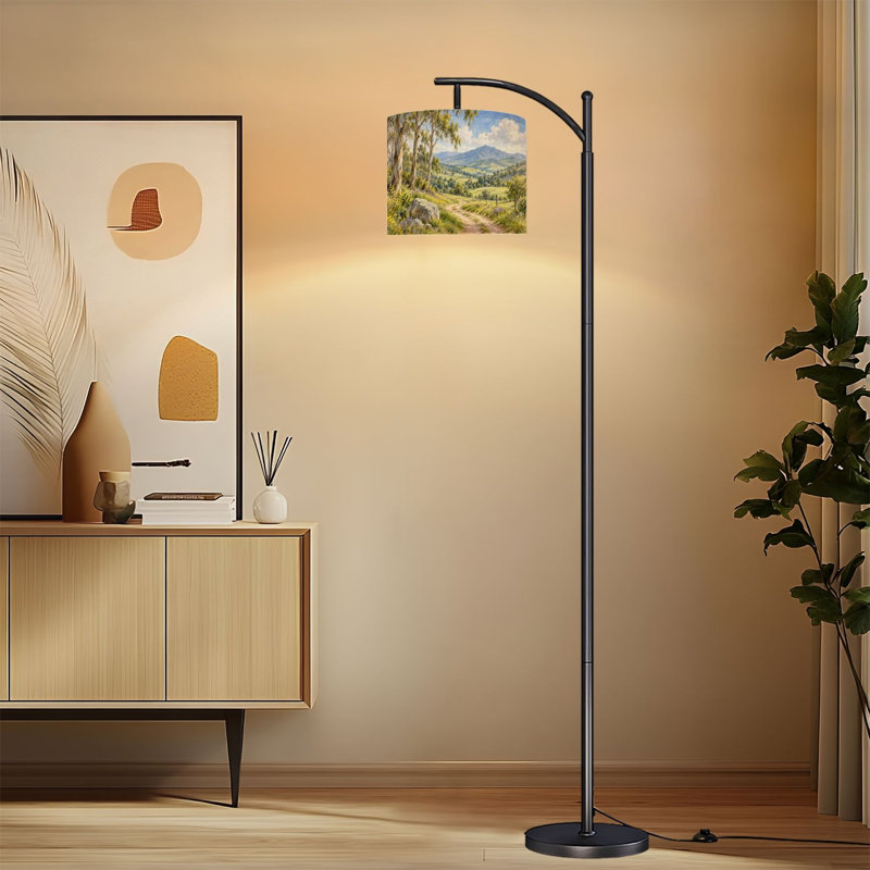 Lampadaire arqué avec abat-jour réglable, style champêtre serein, 3 températures de couleur, intensité variable, avec interrupteur au pied, idéal pour la chambre.