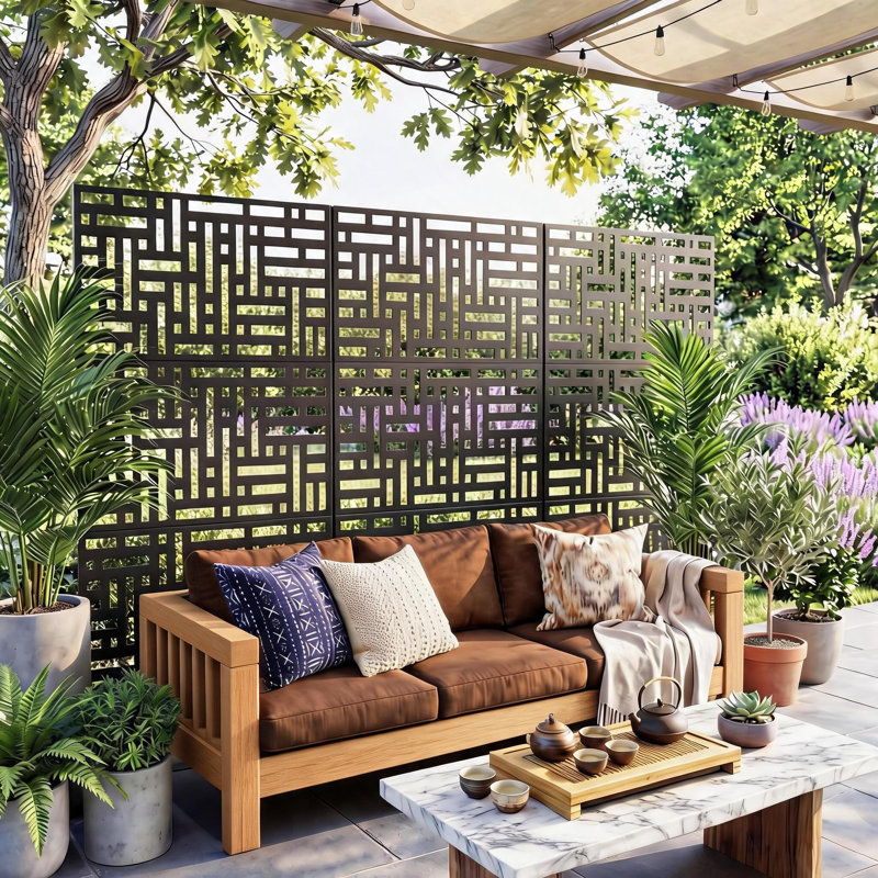 Freestanding Metal Outdoor Privacy Screen Panel, 78" H x 48" W Decorative Fence Divider - Laser-Cut Louver design Steel - Weatherproof for Patio Balcony Deck Backyard - Black (ZY-005)