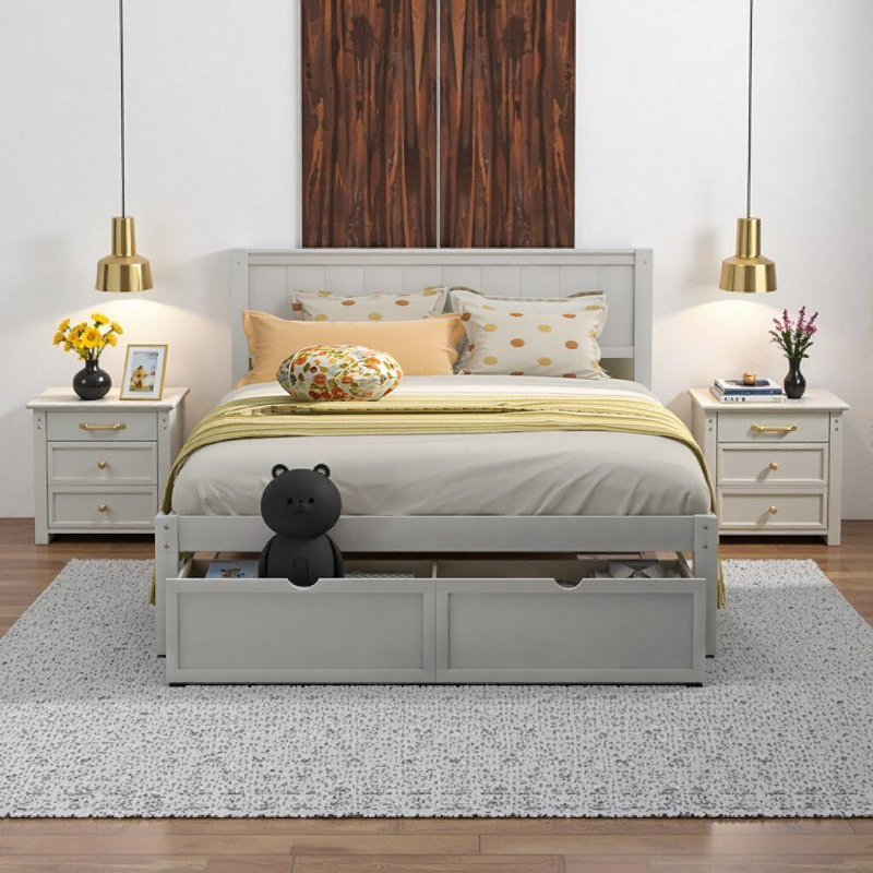 Élégant cadre de lit plateforme blanc avec deux tiroirs de rangement sous le lit et fabrication en bois de pin