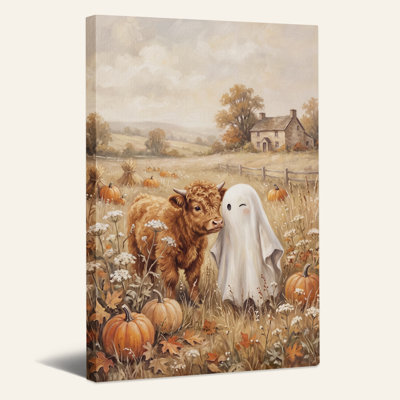 Toile d'Halloween Highland Cow and White Ghost in Pumpkin Patch