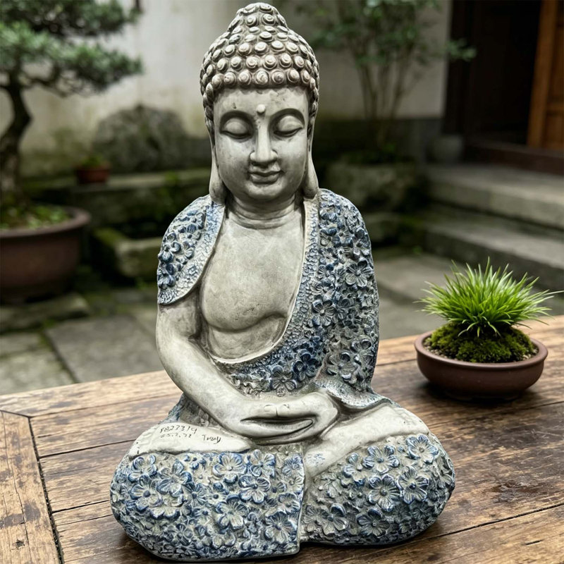 Statue de Bouddha en résine résistante aux intempéries de 16 po avec décor floral bleu pour décor zen extérieur et intérieur