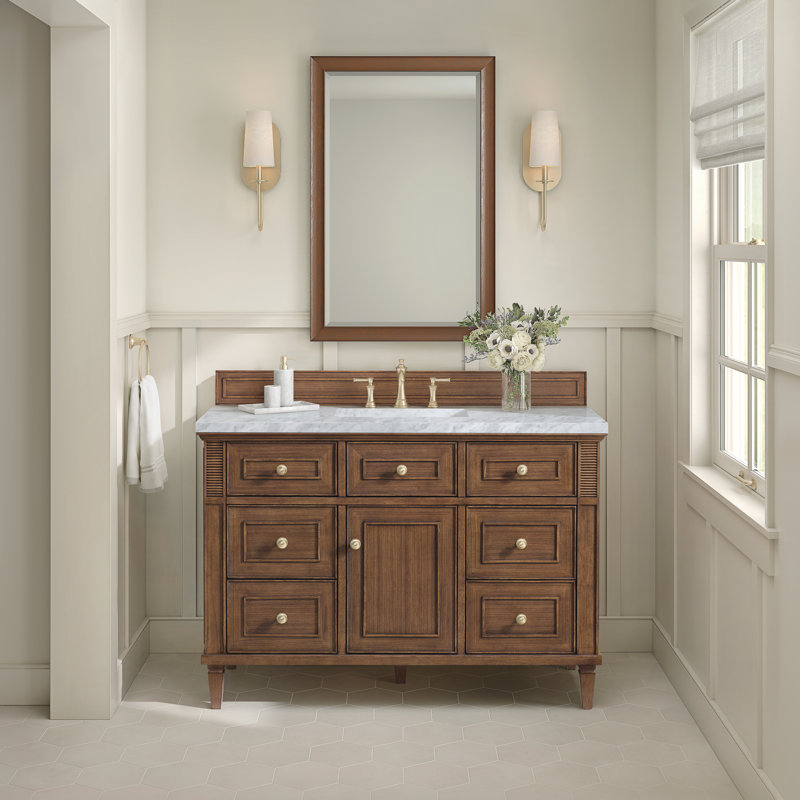 Lorelai 48'' W Single Vanity, Mid-Century Walnut, Carrara White Marble, 8" Widespread