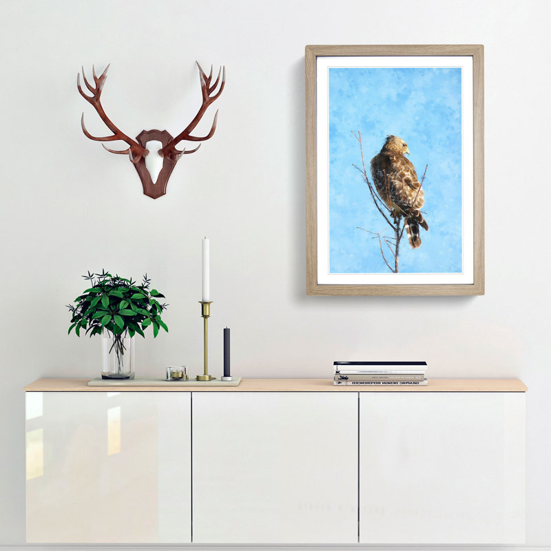 Hawk Perched in a Tree 1 Piece Single Picture Frame Painting on MDF, 87cm H x 62cm W x 2cm D, Oak Framed