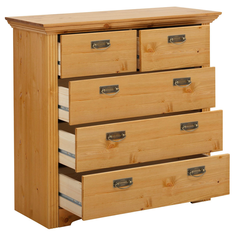 5 Drawer 88.9Cm W Solid Wood Chest Of Drawers, Natural Brown Oil