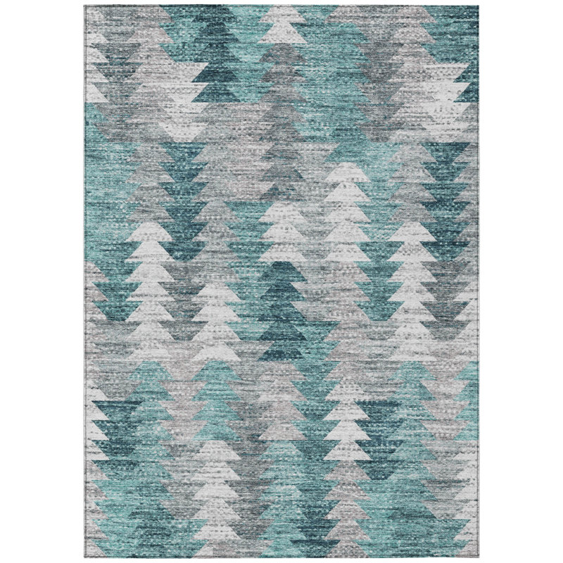 Dark Blue Aqua Geometric Washable Indoor Outdoor Area Rug, Rectangle 5' x 8'