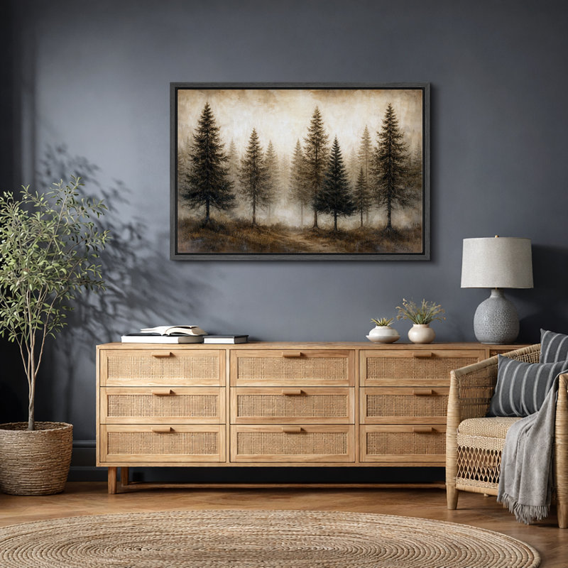 Œuvre de pin rétro vintage, paysage de forêt rustique, salon, impression sur toile encadrée, H 24 po x l 36 po x P 1,5 po