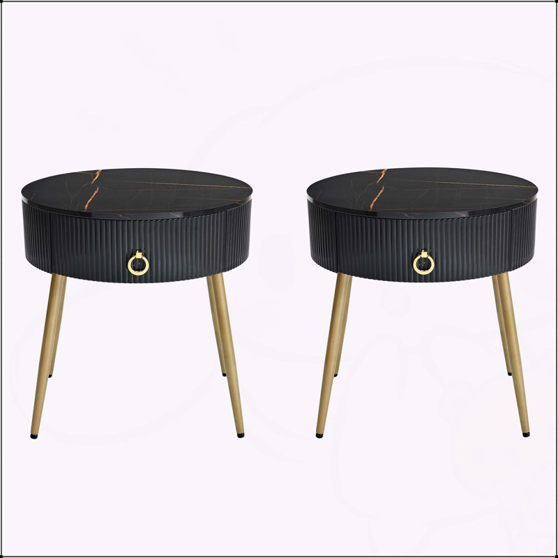 Ensemble de 2 tables de bout à assemblage cannelé avec tiroirs pour salon F19,6 po, Noir