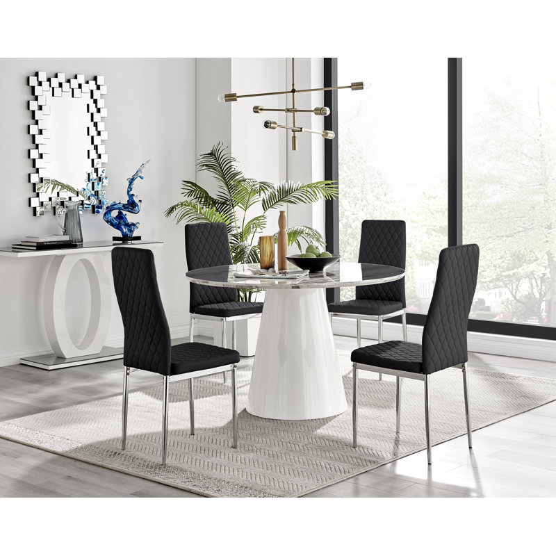 Edward Statement Pedestal Dining Table Set with 4 Luxury Faux Leather Upholstered Dining Chairs, Black/Silver