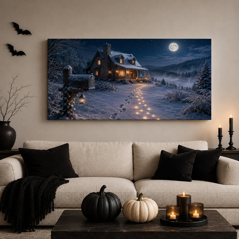 Maison en pierre enneigée sous la pleine lune avec toile murale lumineuse d'Halloween, L 40 po x H 20 po